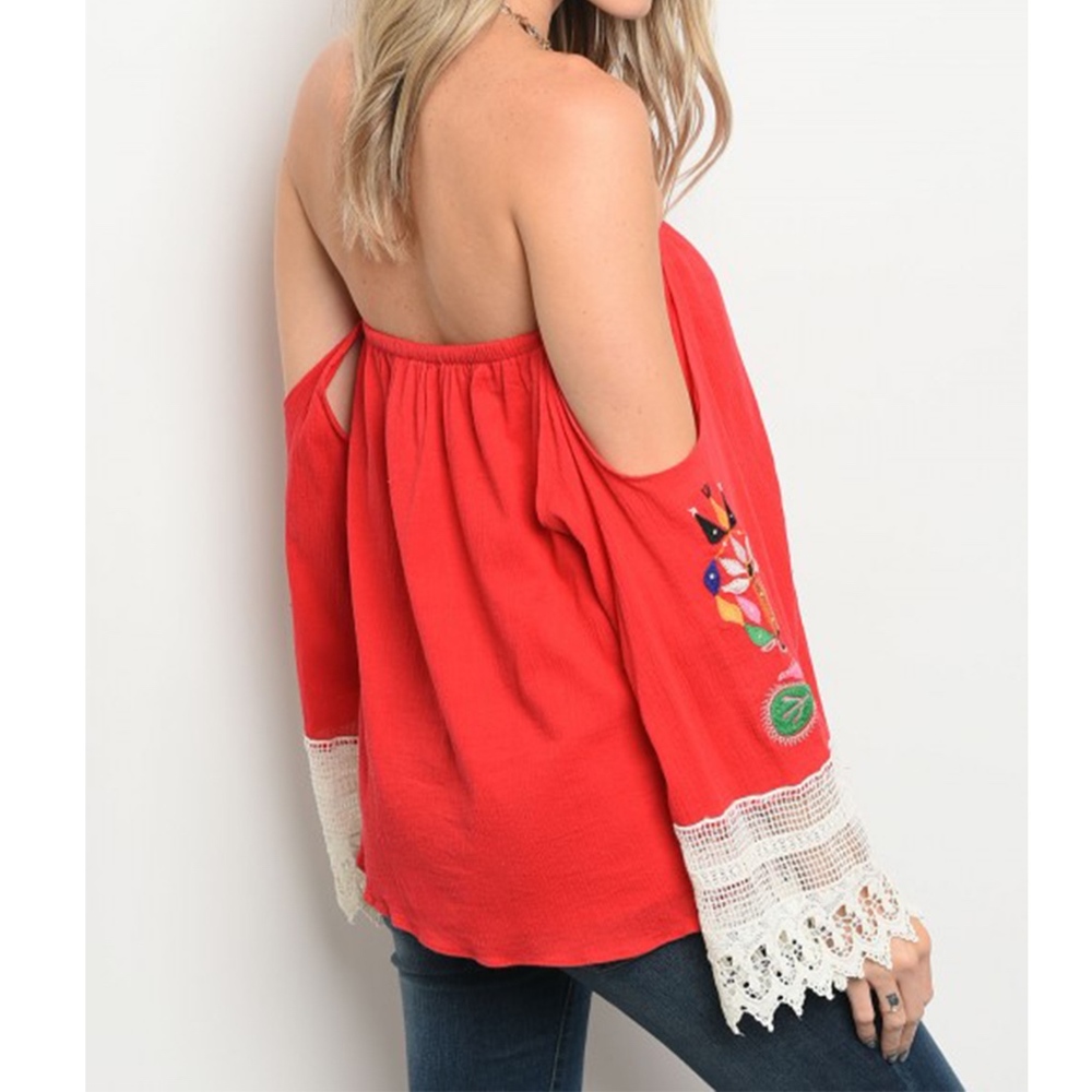Red Off The Shoulder Top with Lace Feature - Picture 2 of 4